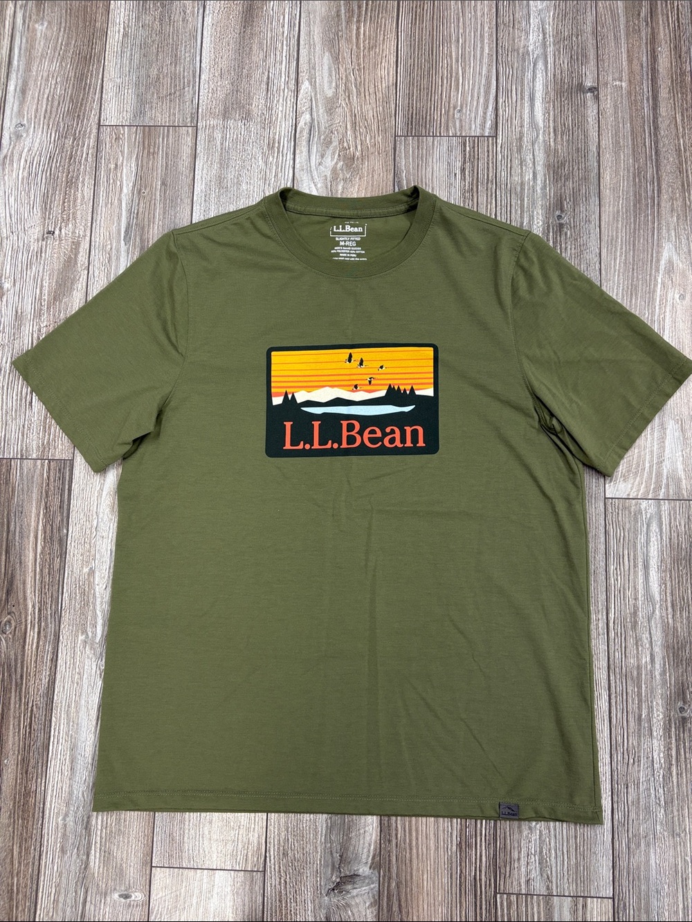 L.L. Bean Olive Short Sleeve Tee with Sunset Patch